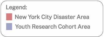 Legend: red is New York City Disaster Area, purple is Youth Research Cohort Area